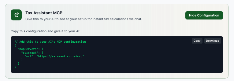 SarsMaat Tax Assistant MCP configuration